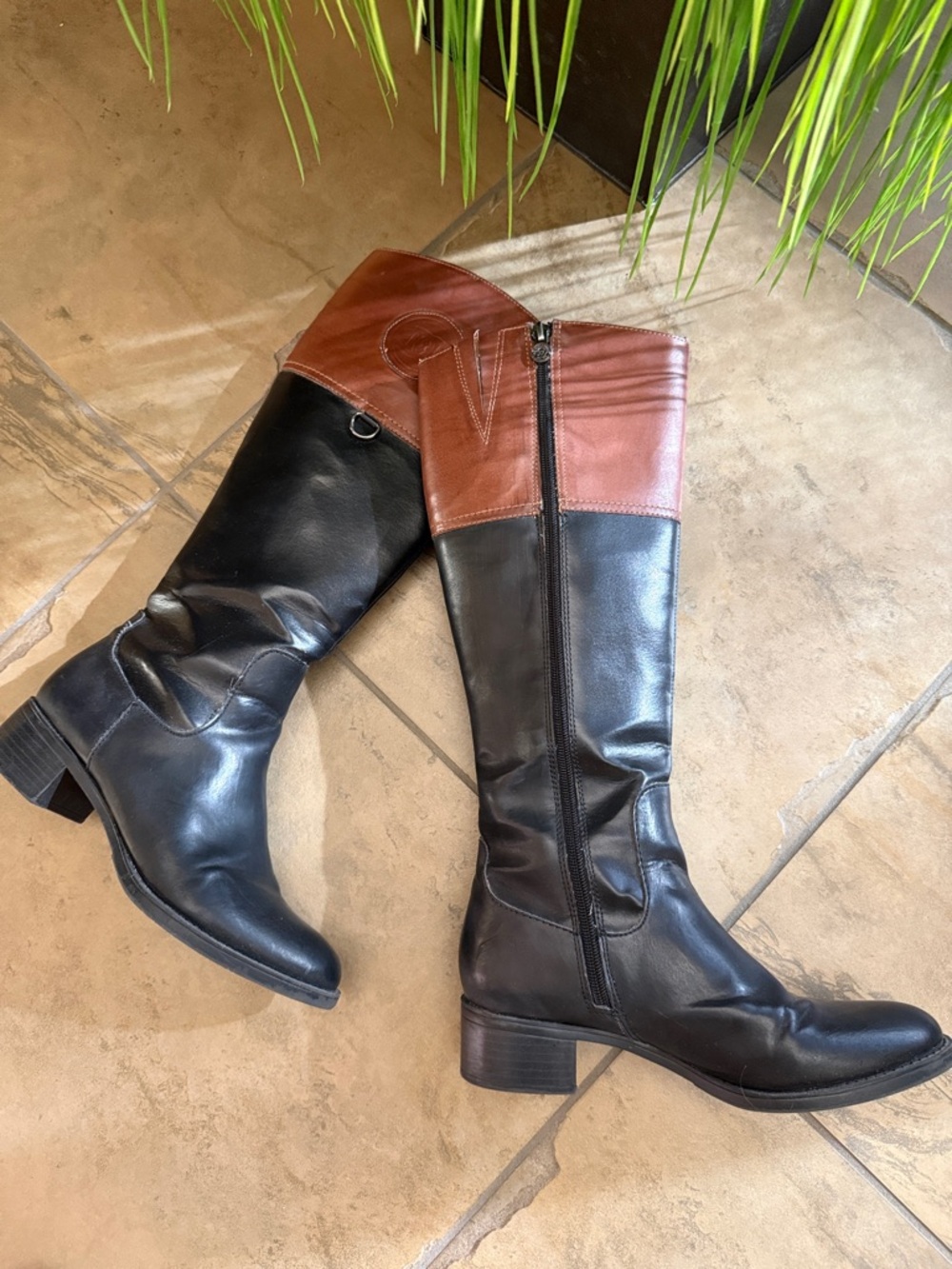 Etienne Aigner Chastity Wide Shaft Tall Black and Brown Riding Boots Size 7.5”